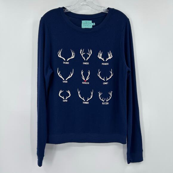 Judith March Navy Reindeer Antler Crewneck Sweatshirt Holiday Women’s Size S - Picture 3 of 11